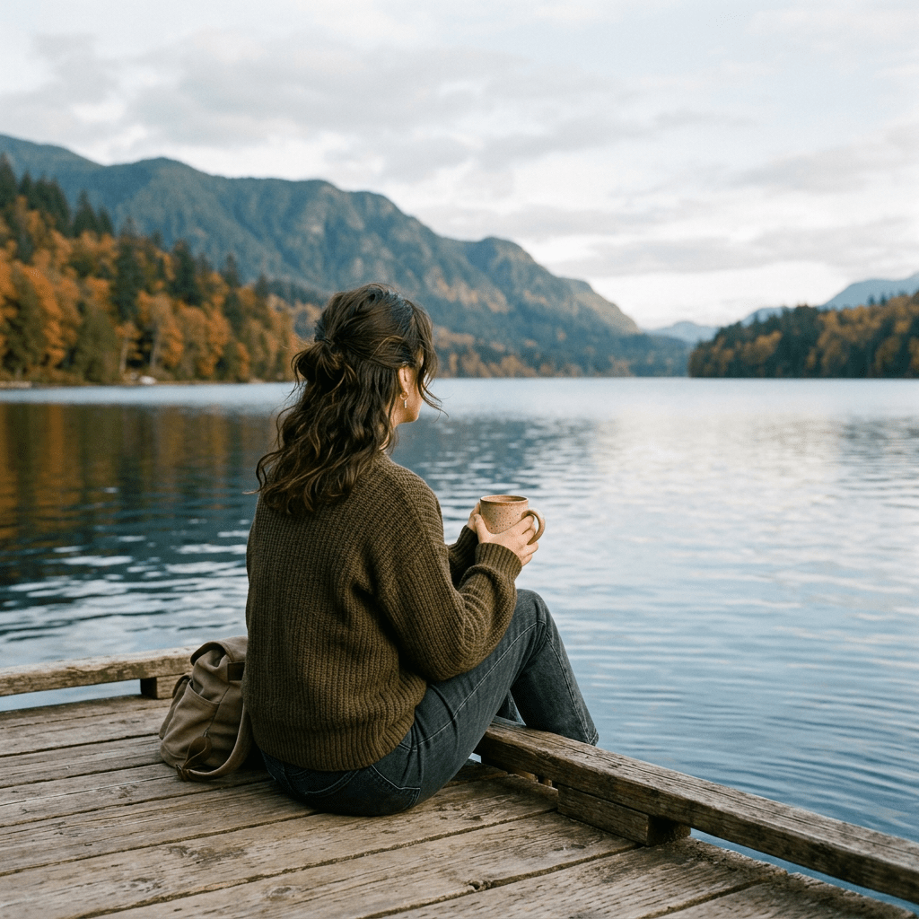 Woman sitting on wooden dock holding coffee mug overlooking lake and mountains