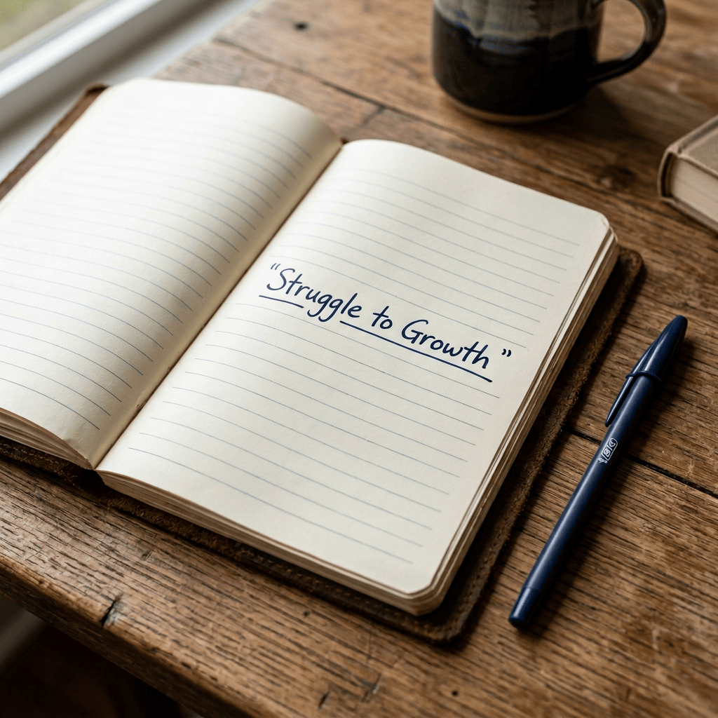 Open journal page titled “Struggle to Growth” with handwritten reflections on resilience